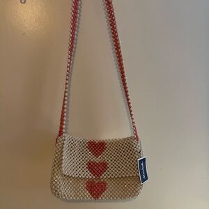 Handmade Heart Beaded Bag - Cream and Pink